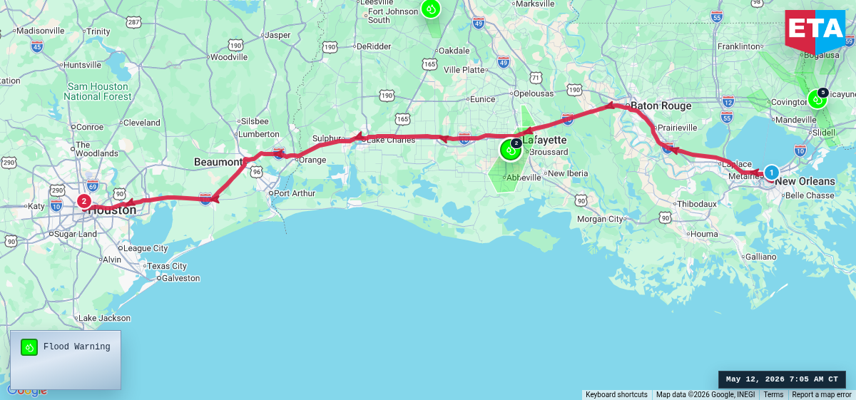 Route map for New Orleans, LA → Houston, TX
