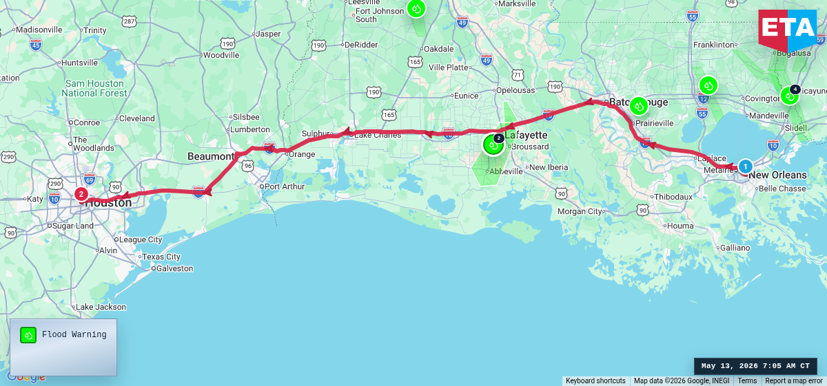 Route map for New Orleans, LA → Houston, TX