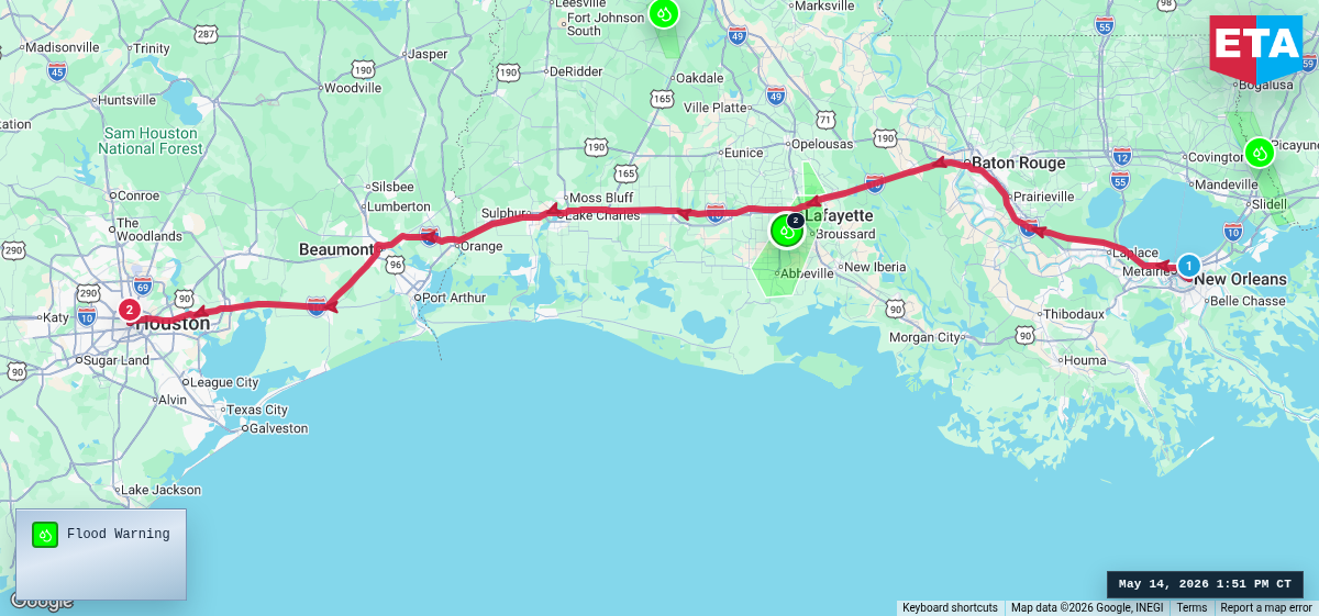 Route map for New Orleans, LA → Houston, TX