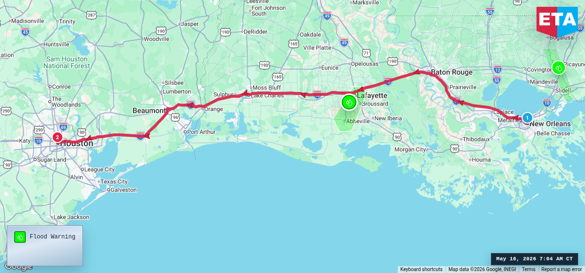 Route map for New Orleans, LA → Houston, TX
