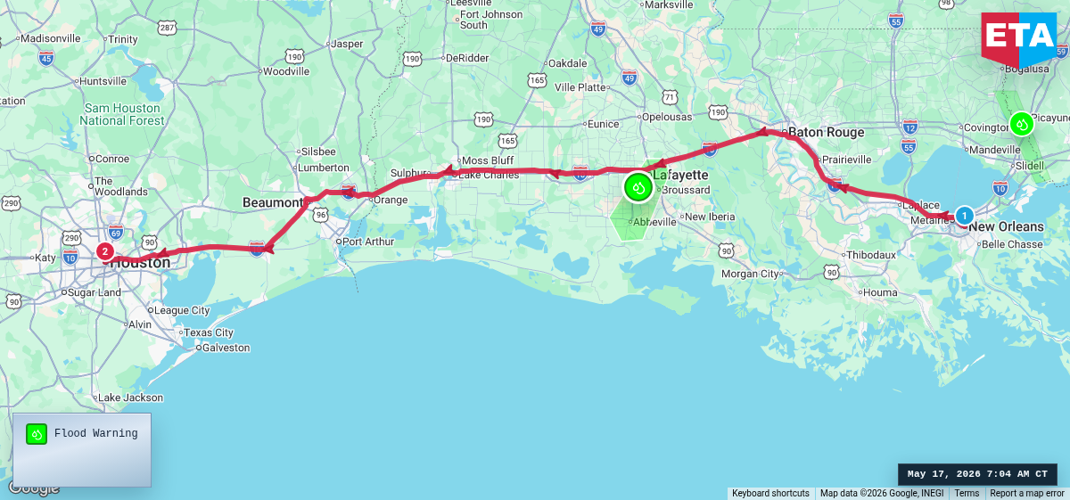 Route map for New Orleans, LA → Houston, TX
