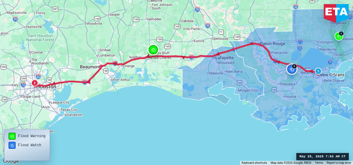 Route map for New Orleans, LA → Houston, TX