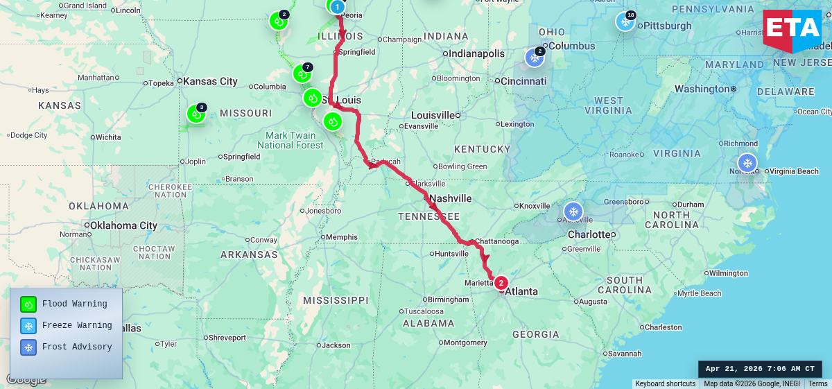 Route map for Peoria, IL → Atlanta, GA