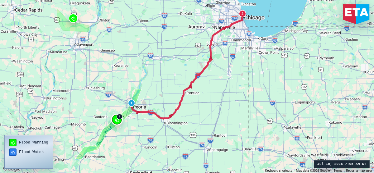 Route map for Peoria, IL → Chicago, IL