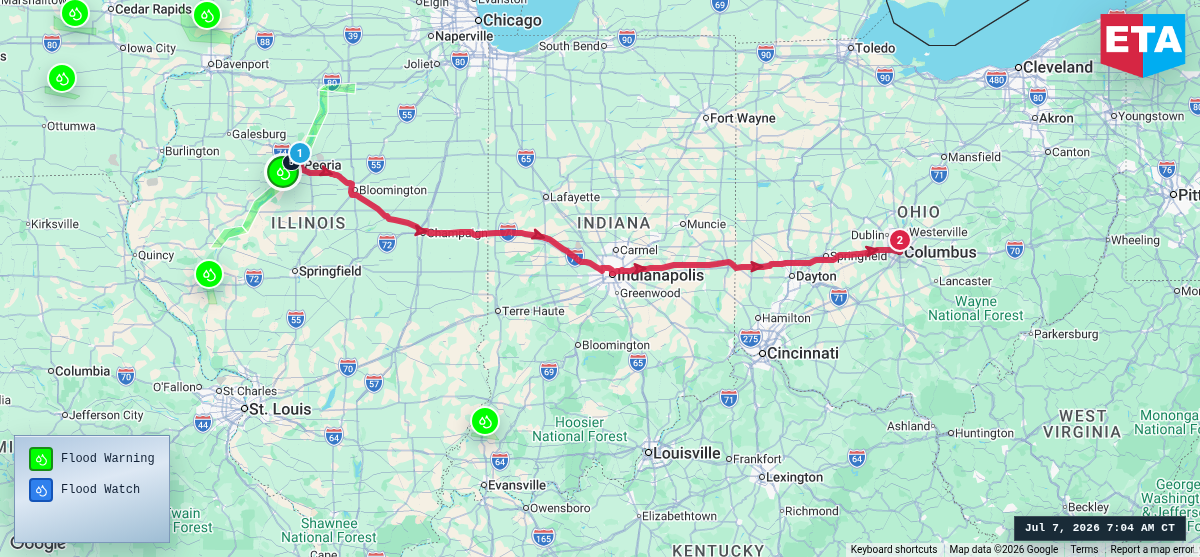 Route map for Peoria, IL → Columbus, OH