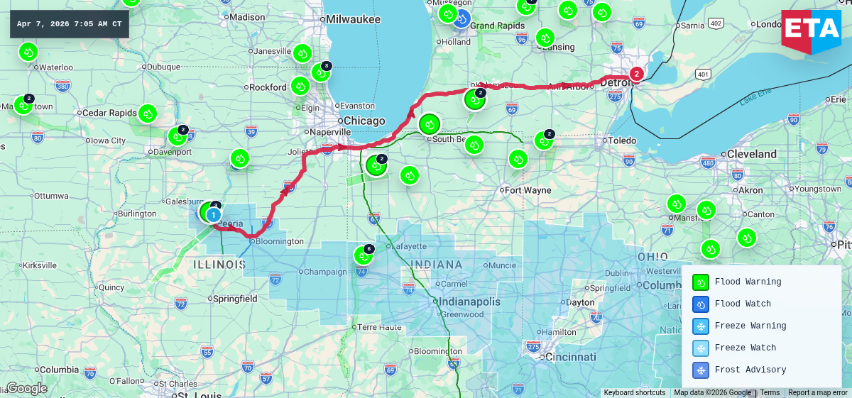 Route map for Peoria, IL → Detroit, MI