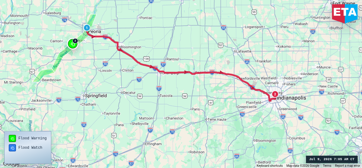 Route map for Peoria, IL → Indianapolis, IN