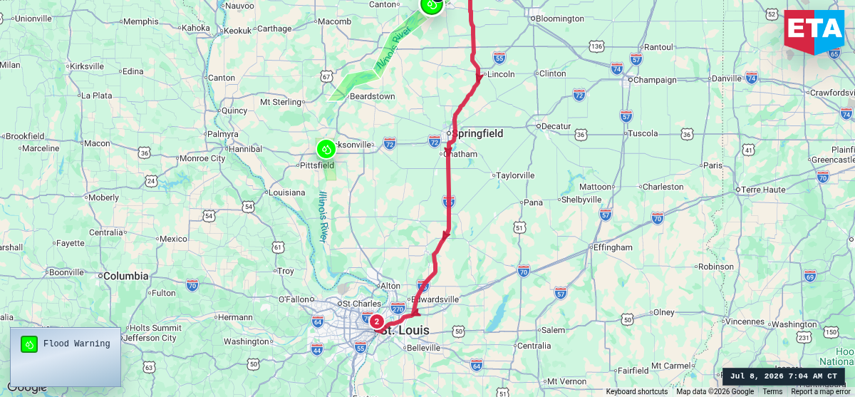 Route map for Peoria, IL → St. Louis, MO