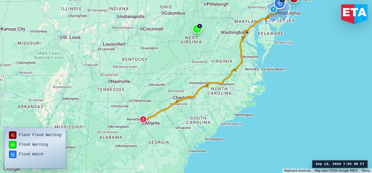 Route map for Philadelphia, PA → Atlanta, GA