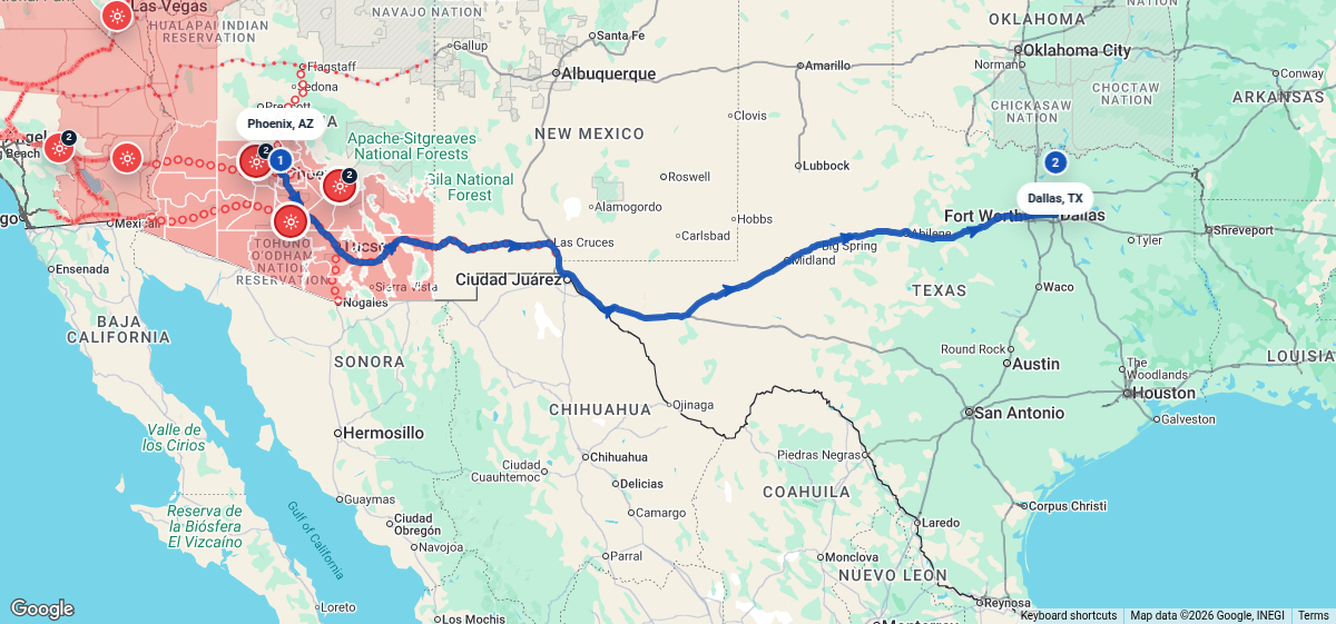 Route map for Phoenix, AZ → Dallas, TX
