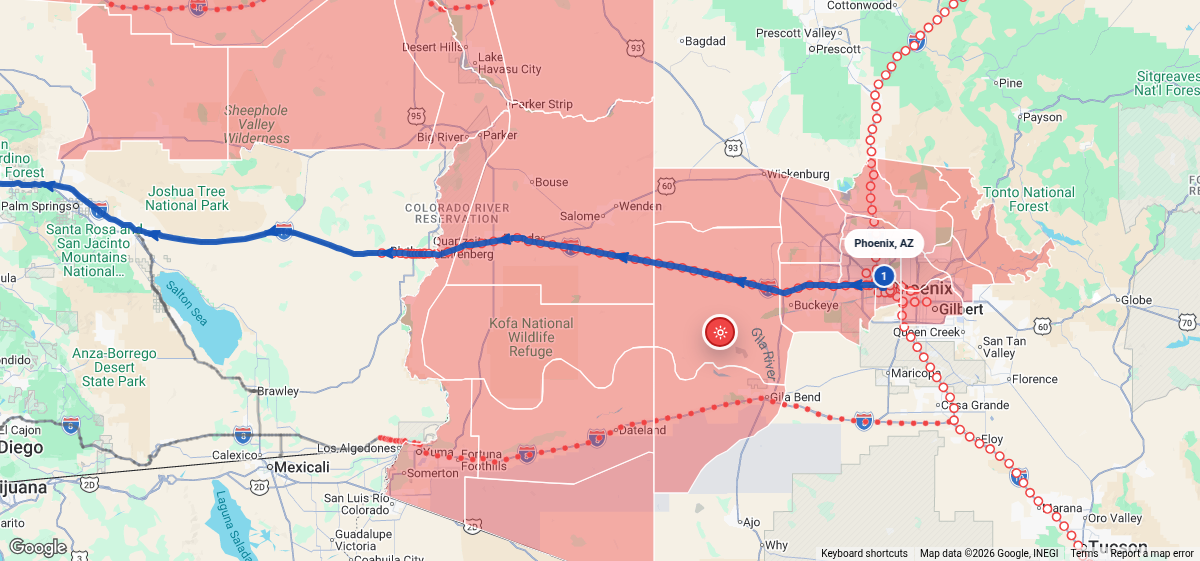 Route map for Phoenix, AZ → Los Angeles, CA