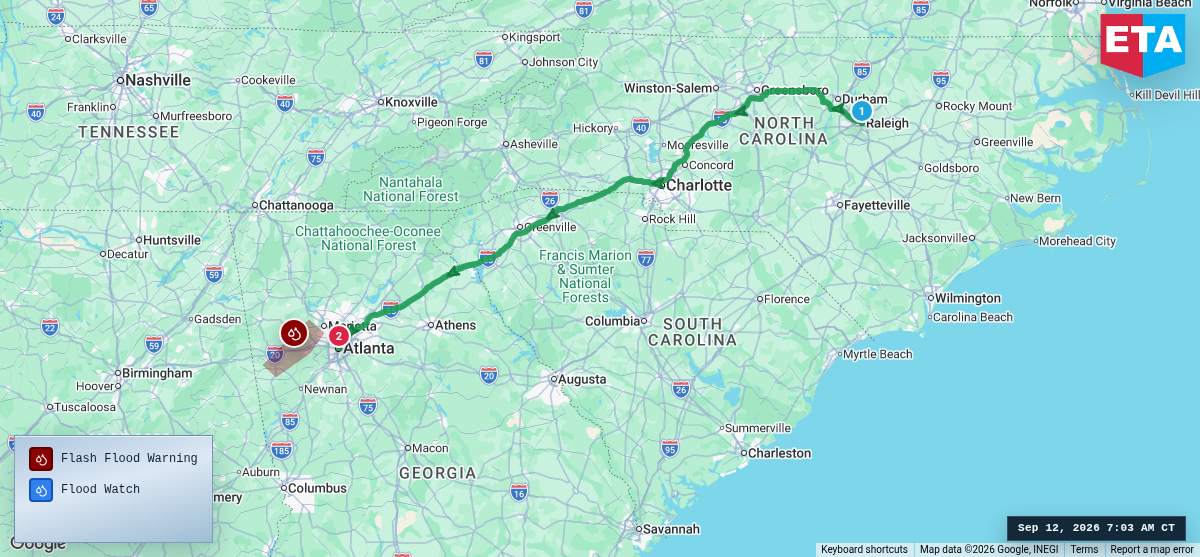 Route map for Raleigh, NC → Atlanta, GA