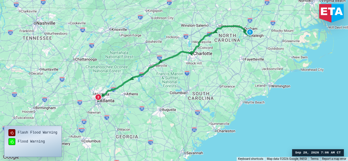 Route map for Raleigh, NC → Atlanta, GA