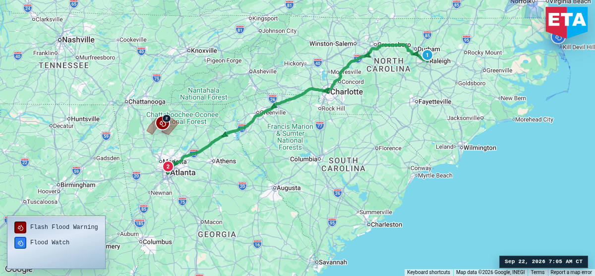 Route map for Raleigh, NC → Atlanta, GA