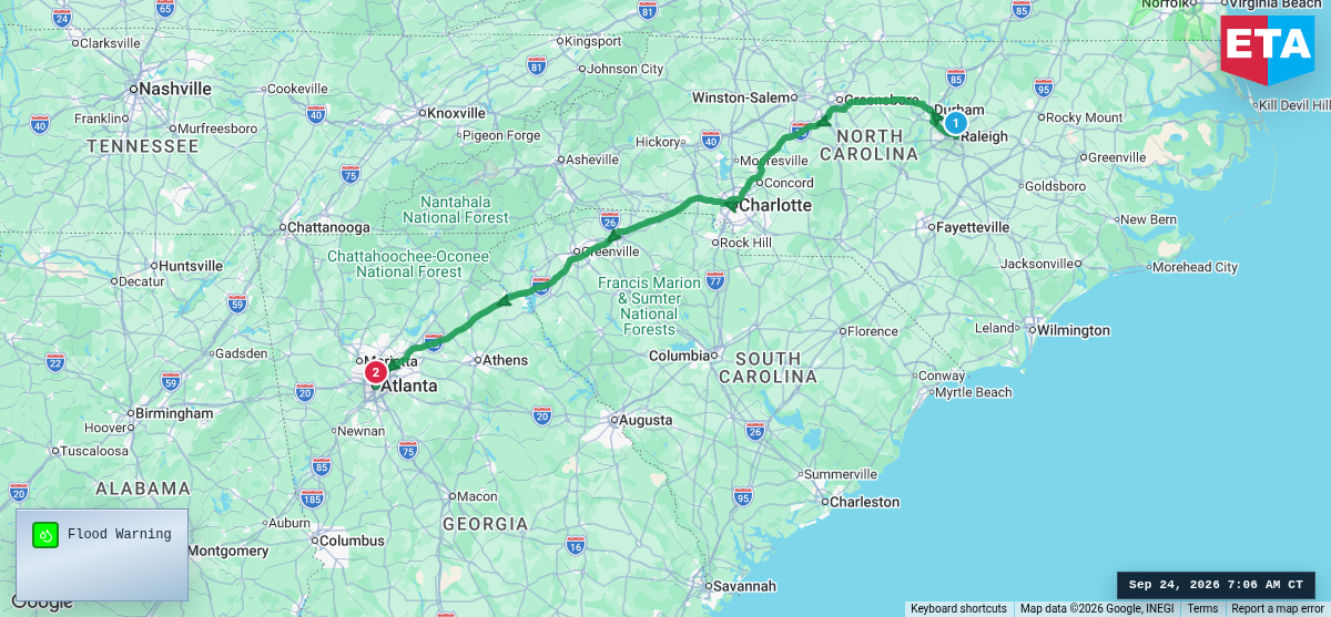 Route map for Raleigh, NC → Atlanta, GA