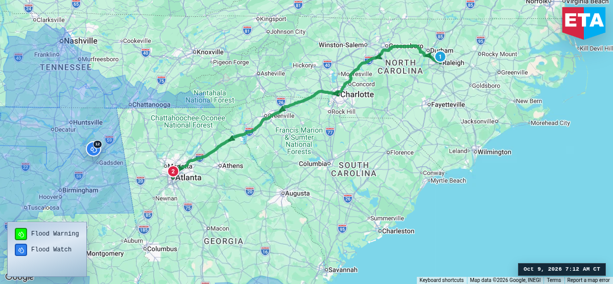 Route map for Raleigh, NC → Atlanta, GA