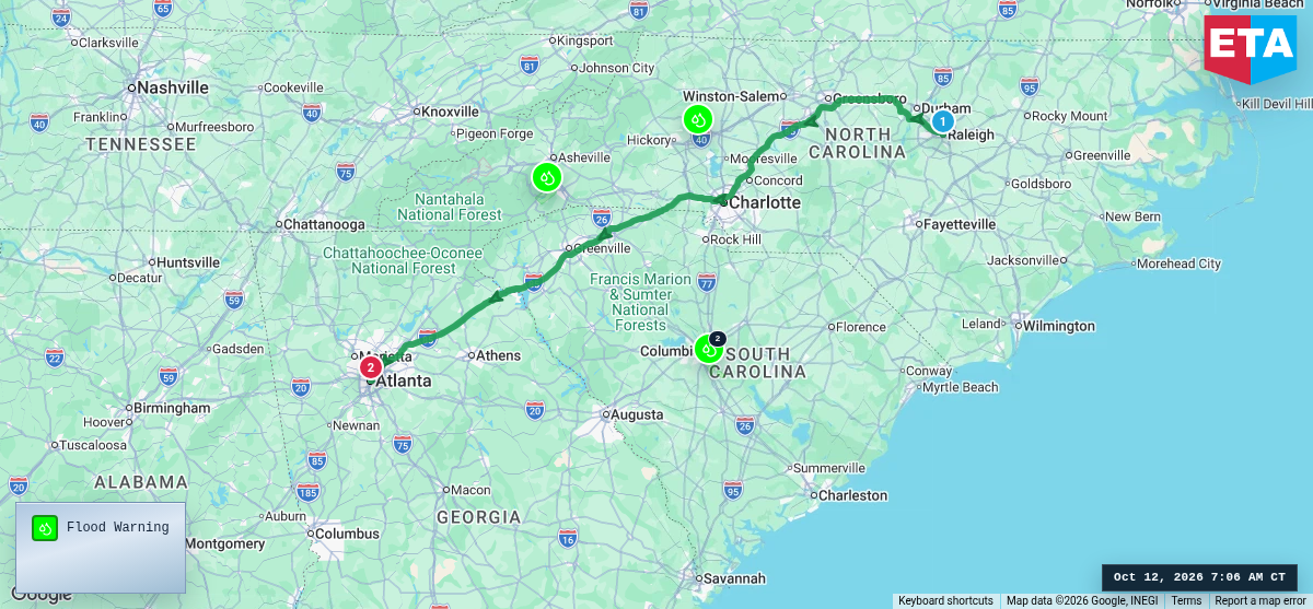 Route map for Raleigh, NC → Atlanta, GA