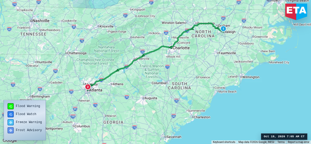 Route map for Raleigh, NC → Atlanta, GA