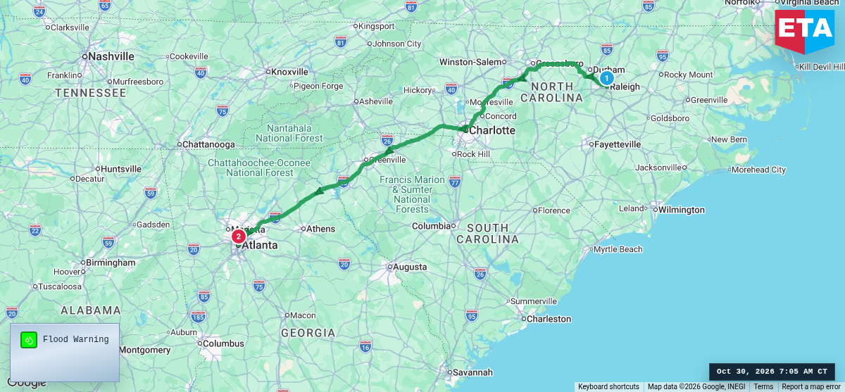 Route map for Raleigh, NC → Atlanta, GA