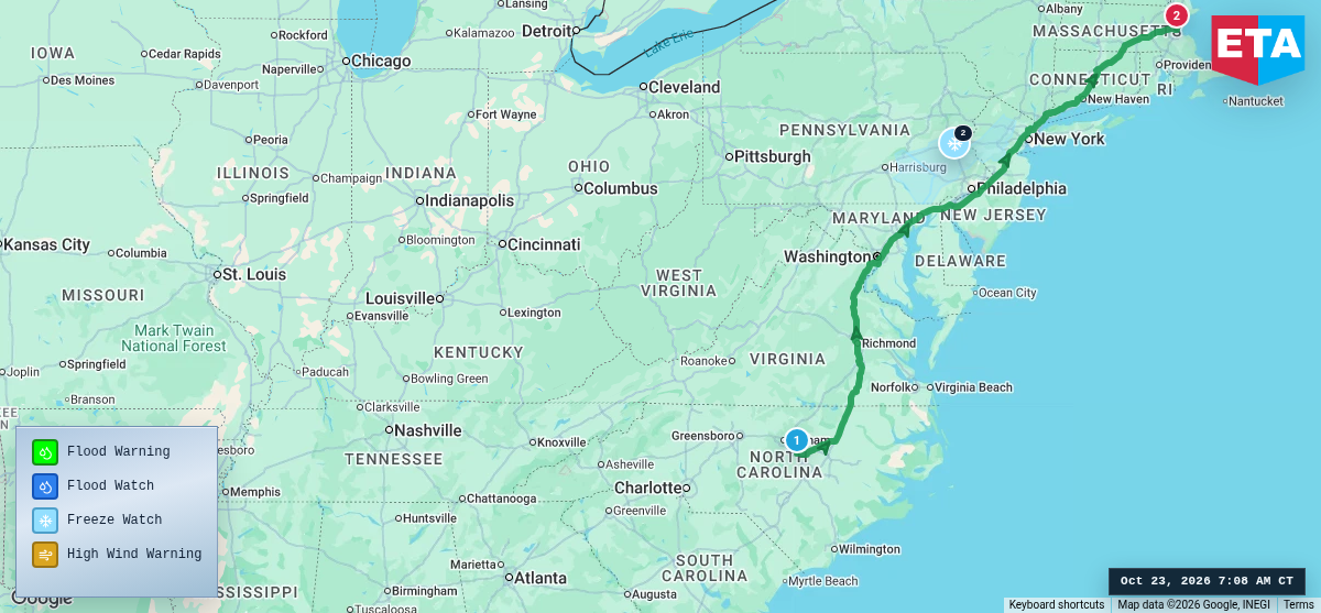 Route map for Raleigh, NC → Boston, MA