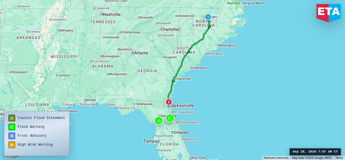 Route map for Raleigh, NC → Jacksonville, FL