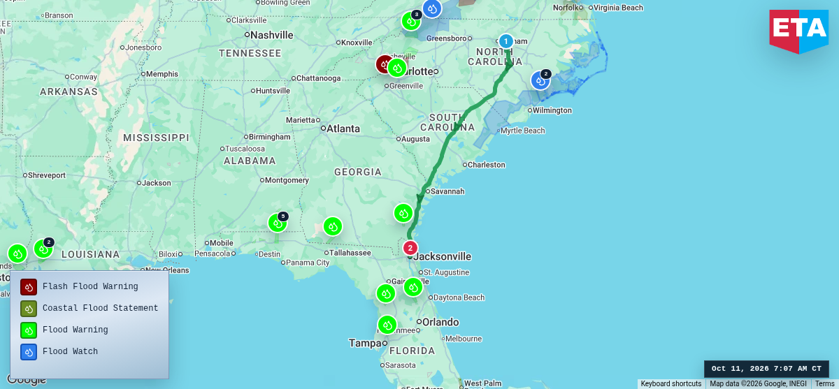 Route map for Raleigh, NC → Jacksonville, FL