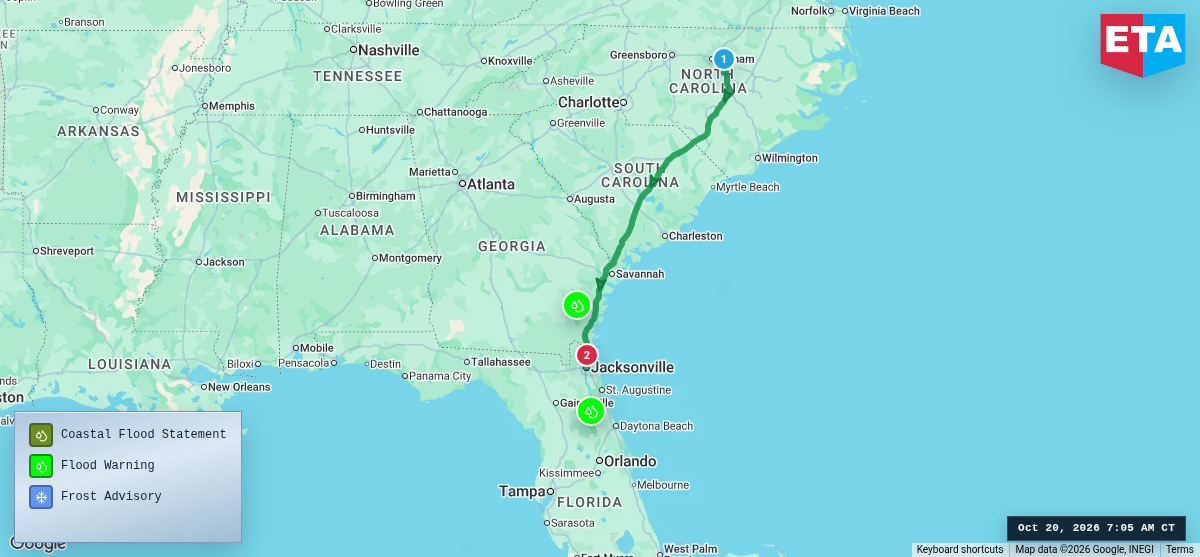 Route map for Raleigh, NC → Jacksonville, FL