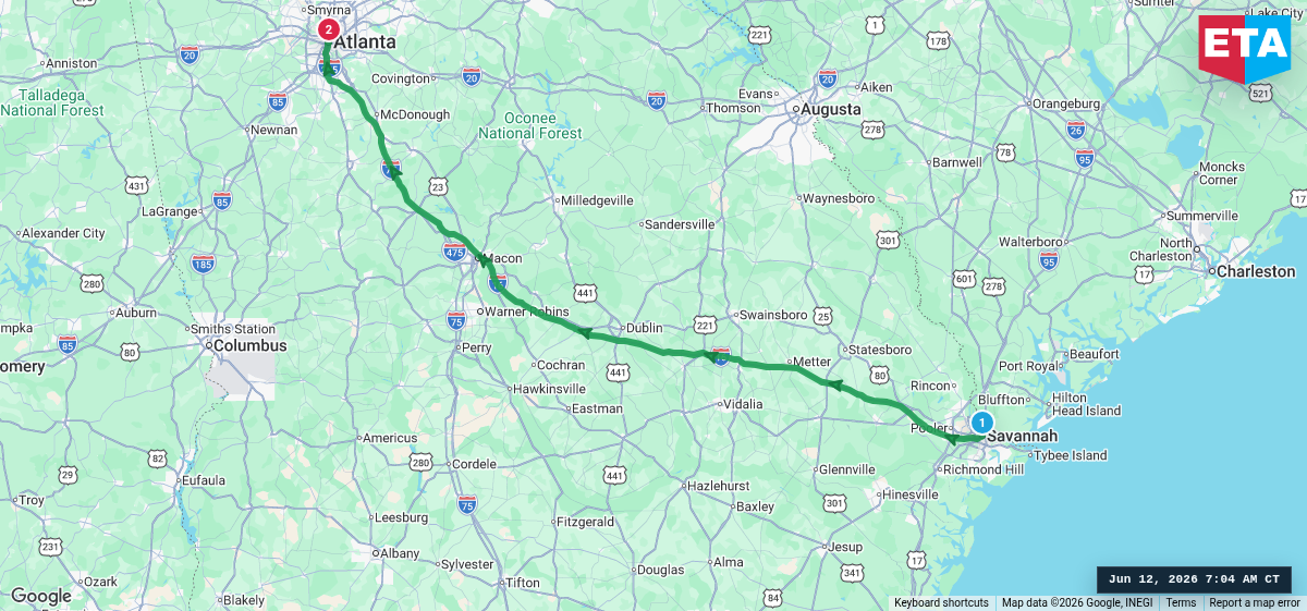 Route map for Savannah, GA → Atlanta, GA