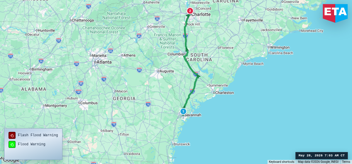 Route map for Savannah, GA → Charlotte, NC