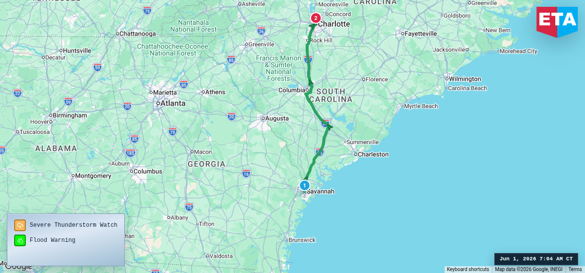 Route map for Savannah, GA → Charlotte, NC