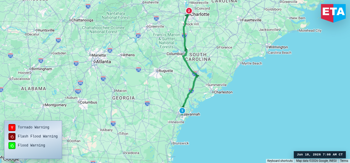 Route map for Savannah, GA → Charlotte, NC