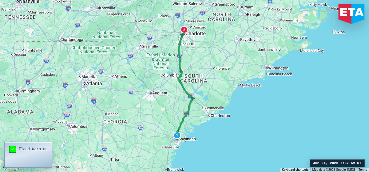 Route map for Savannah, GA → Charlotte, NC