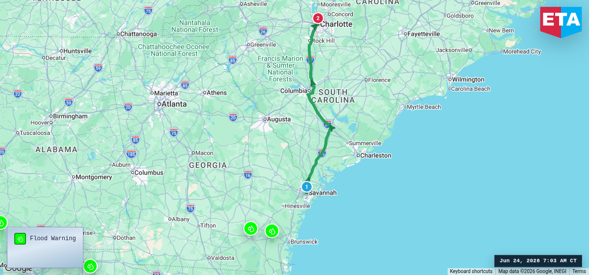 Route map for Savannah, GA → Charlotte, NC