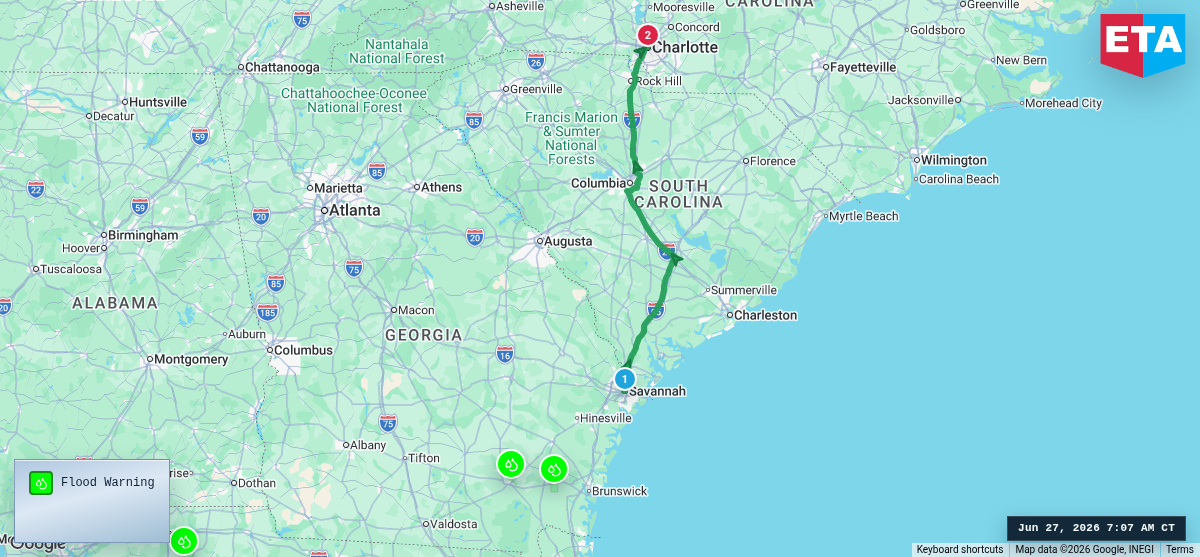 Route map for Savannah, GA → Charlotte, NC