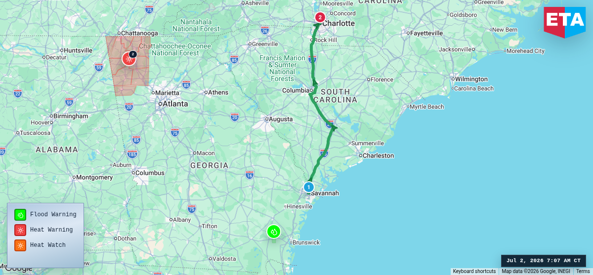 Route map for Savannah, GA → Charlotte, NC
