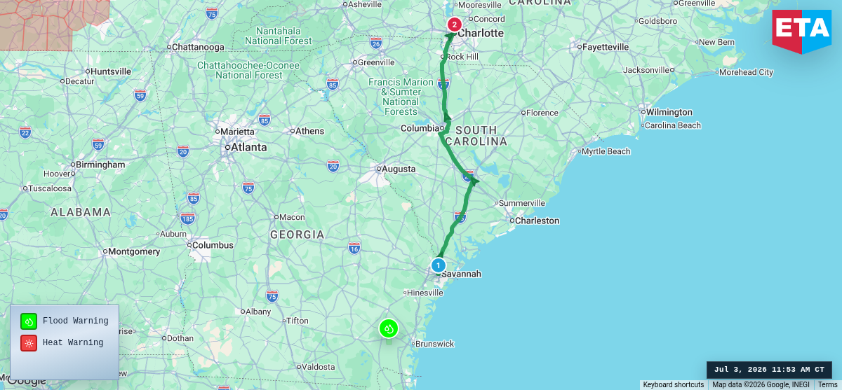 Route map for Savannah, GA → Charlotte, NC