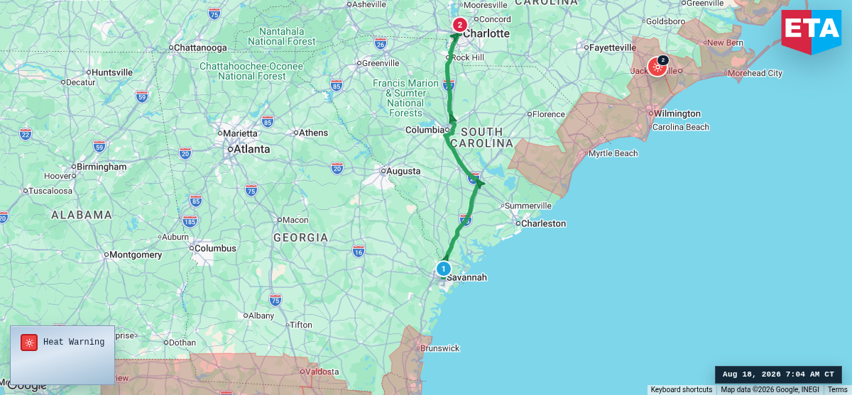 Route map for Savannah, GA → Charlotte, NC
