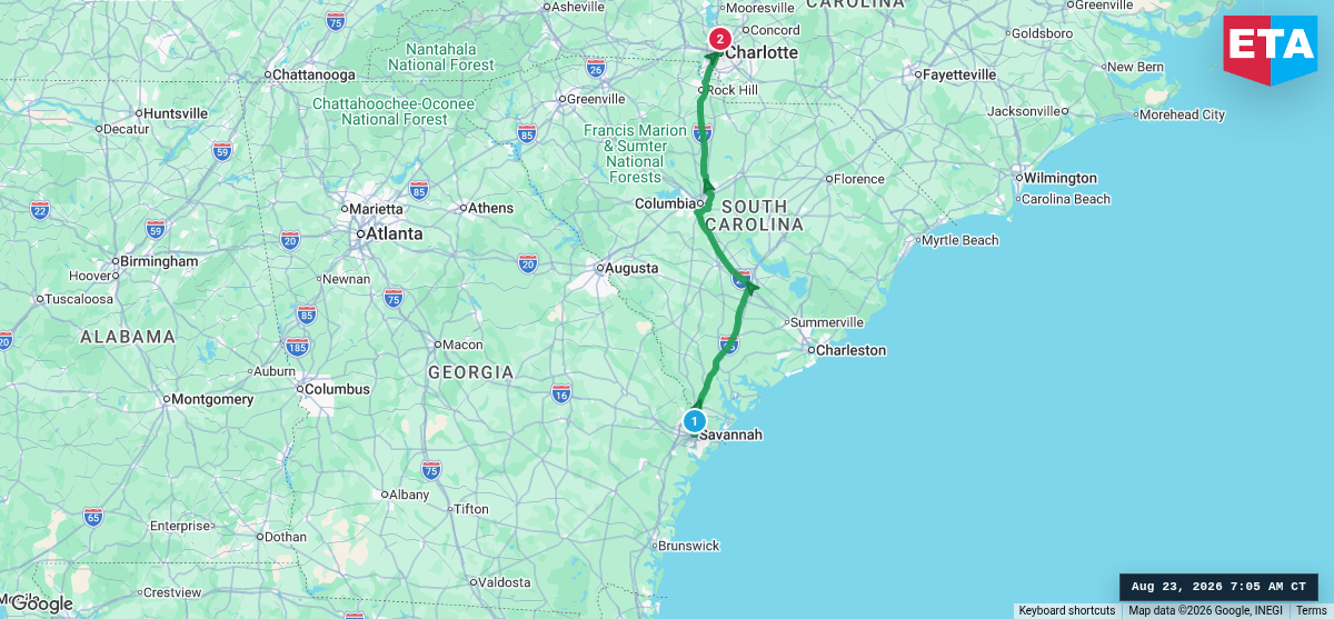 Route map for Savannah, GA → Charlotte, NC