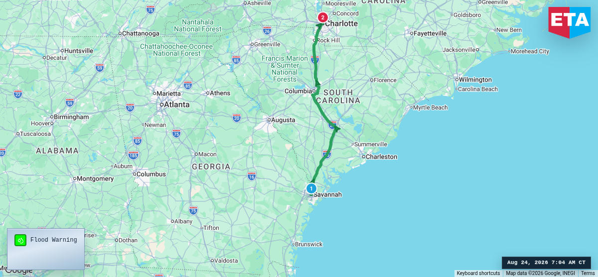 Route map for Savannah, GA → Charlotte, NC