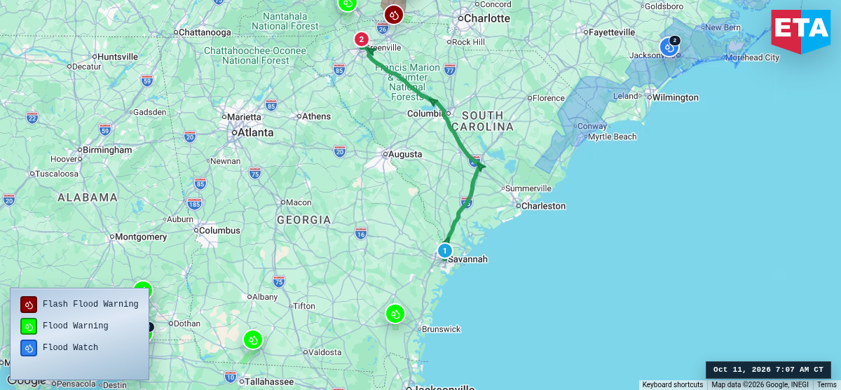 Route map for Savannah, GA → Greenville, SC