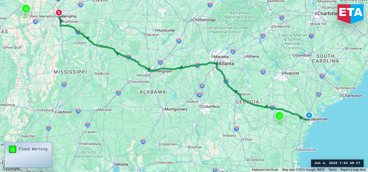 Route map for Savannah, GA → Memphis, TN