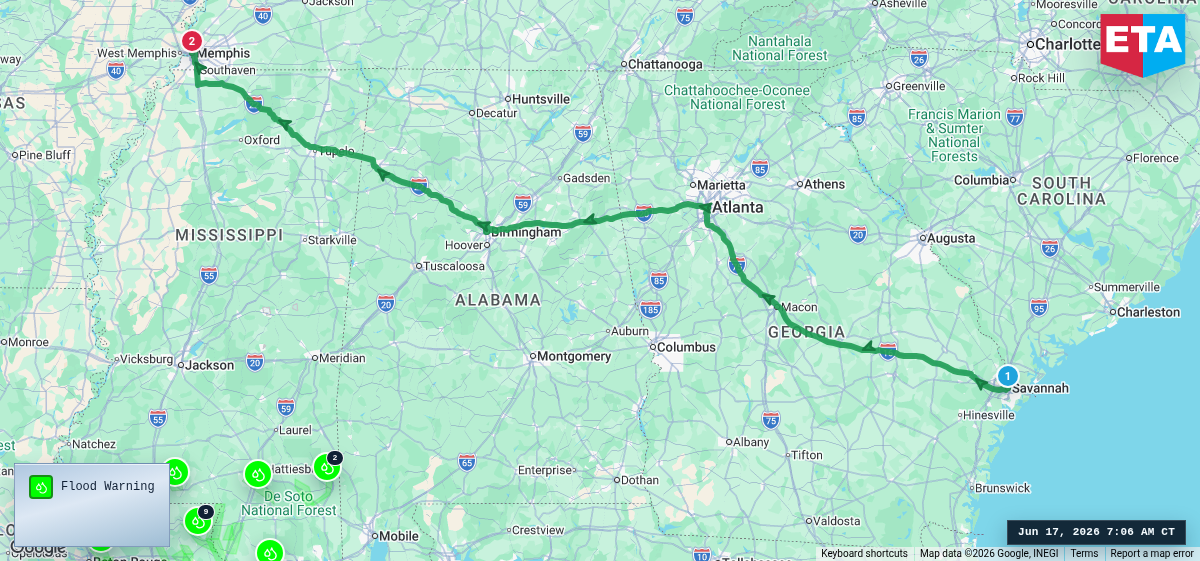 Route map for Savannah, GA → Memphis, TN