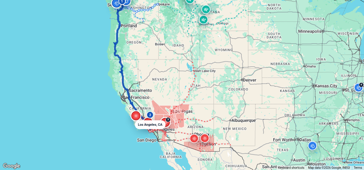 Route map for Seattle, WA → Los Angeles, CA