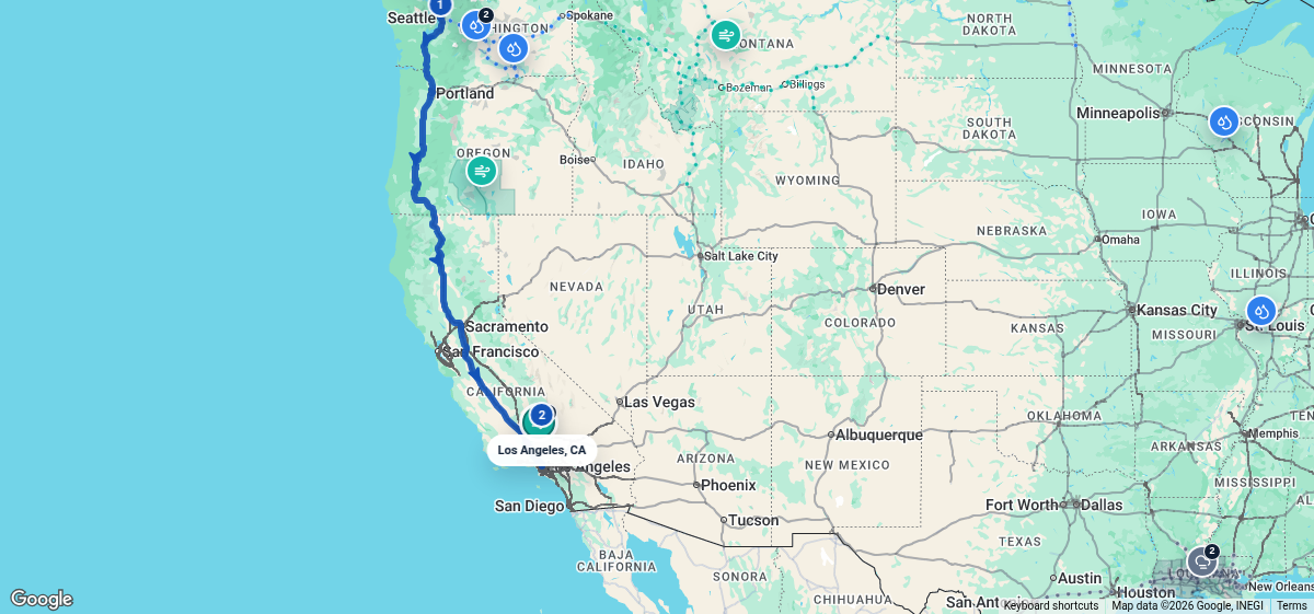 Route map for Seattle, WA → Los Angeles, CA