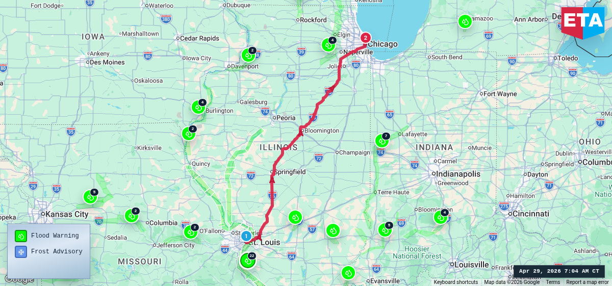 Route map for St. Louis, MO → Chicago, IL