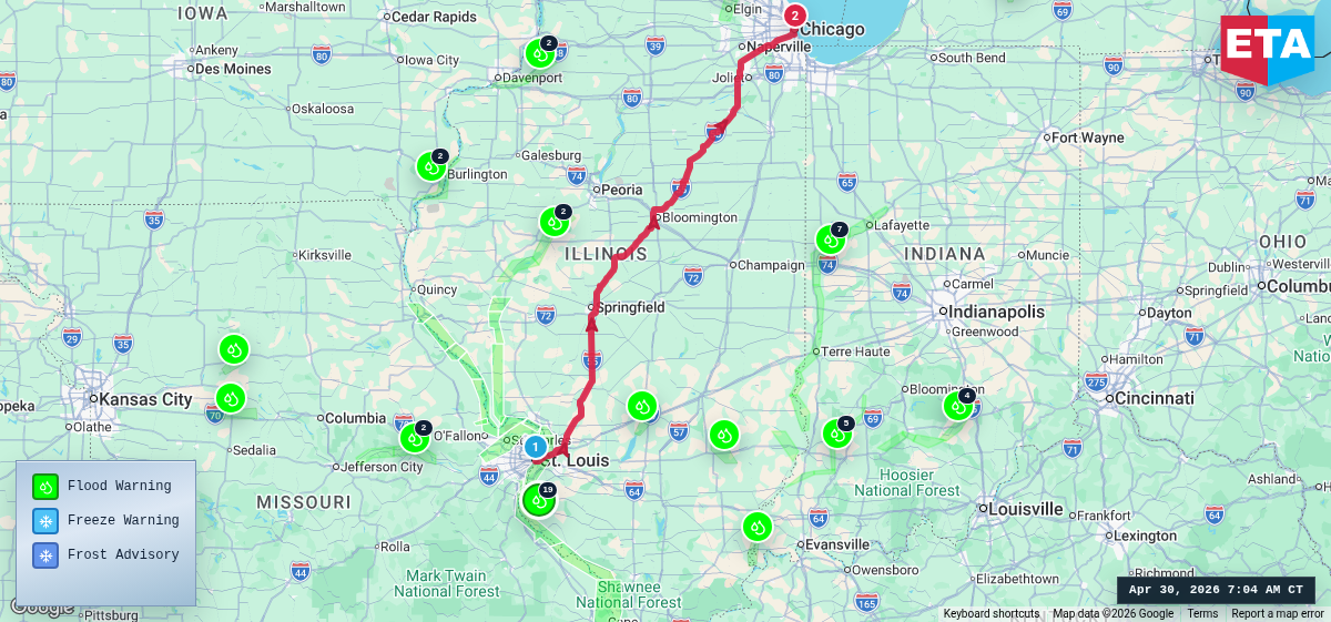 Route map for St. Louis, MO → Chicago, IL