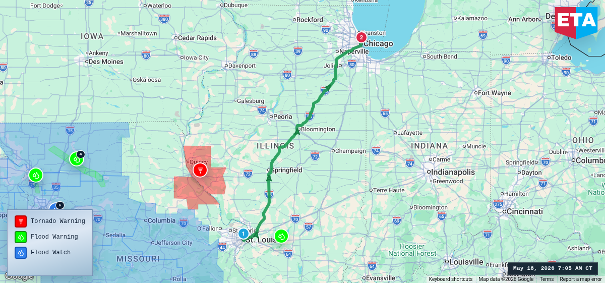 Route map for St. Louis, MO → Chicago, IL