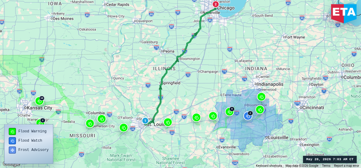 Route map for St. Louis, MO → Chicago, IL