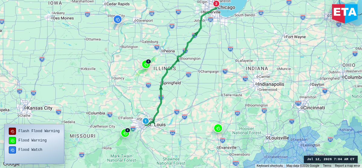 Route map for St. Louis, MO → Chicago, IL
