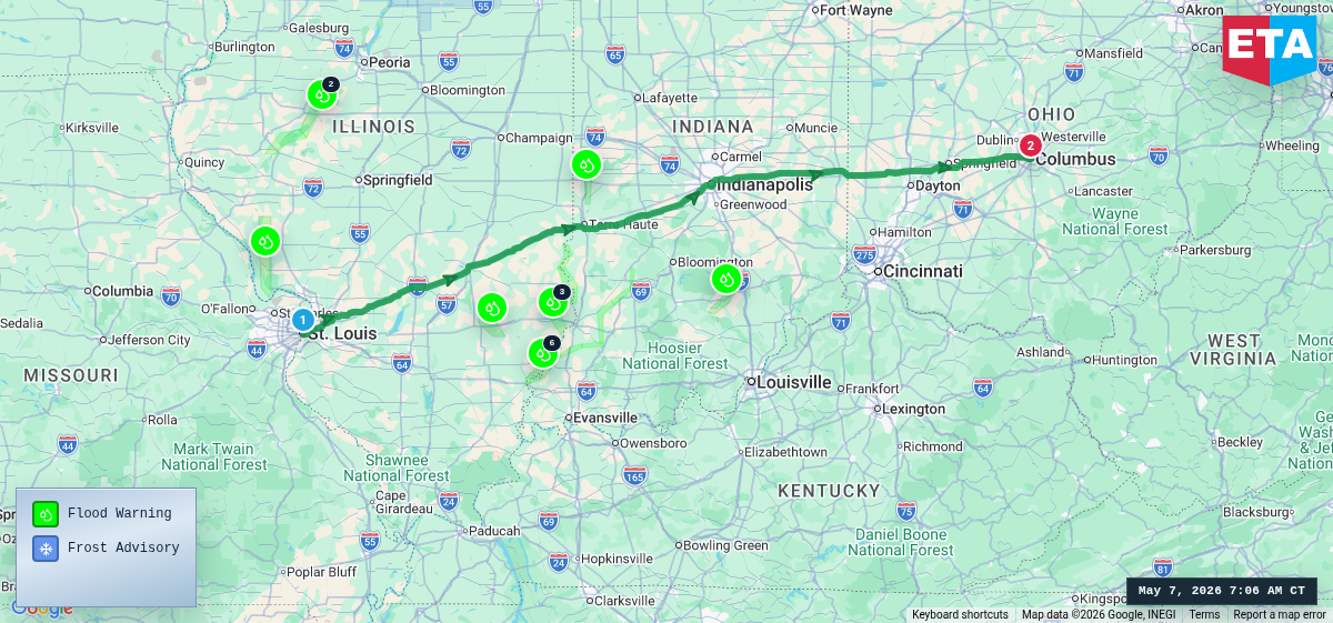 Route map for St. Louis, MO → Columbus, OH